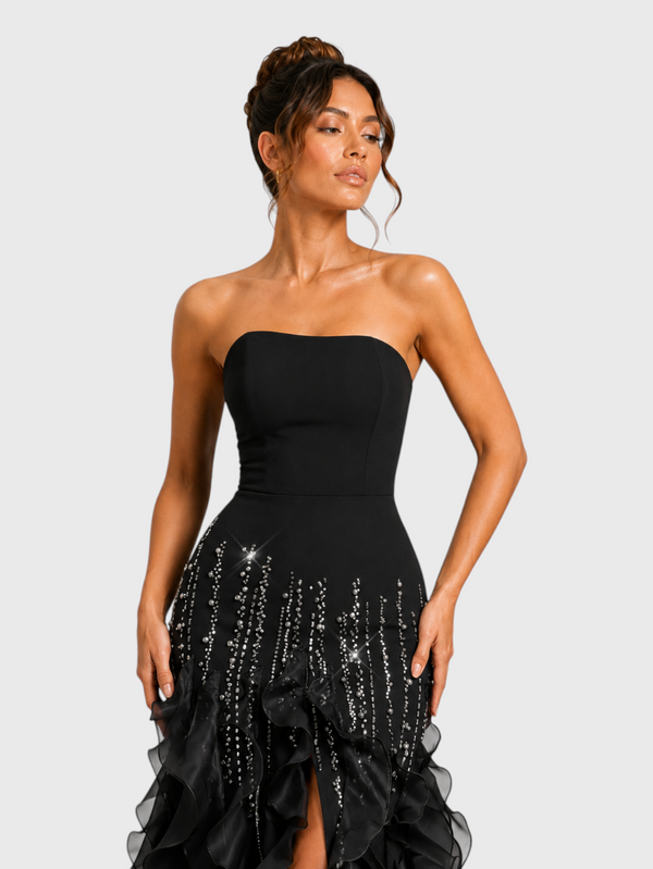 Vestido de Festa Longo Luxo Camadas e Apliques Brilhantt