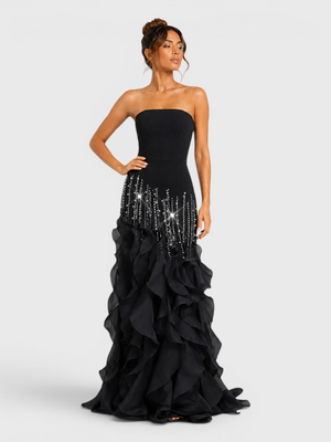 Vestido de Festa Longo Luxo Camadas e Apliques Brilhantt