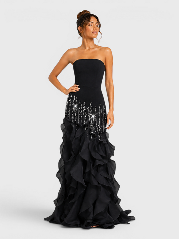 Vestido de Festa Longo Luxo Camadas e Apliques Brilhantt
