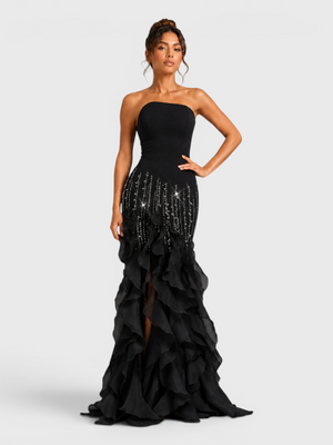 Vestido de Festa Longo Luxo Camadas e Apliques Brilhantt