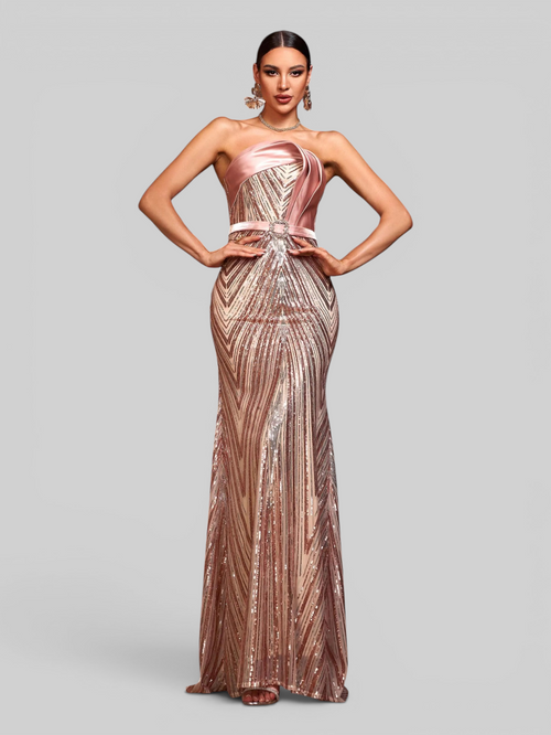 Vestido de Festa Longo Luxo Tomara que Caia Paetê com Cinto