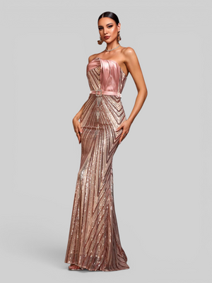 Vestido de Festa Longo Luxo Tomara que Caia Paetê com Cinto