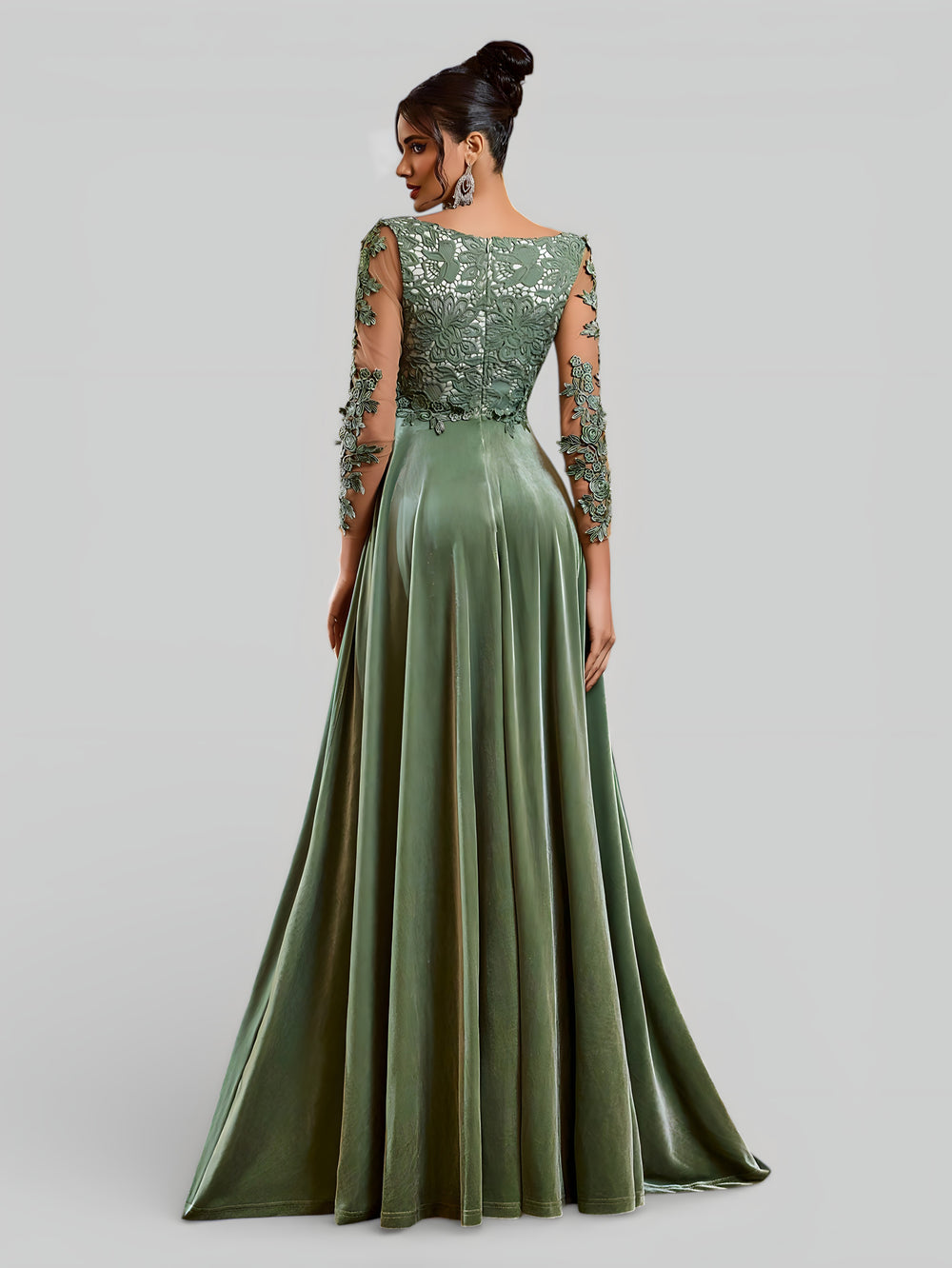 Vestido de Festa Longo Manga 3/4 Bordado Clemente