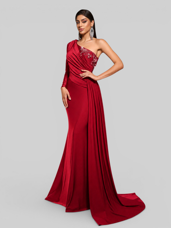Vestido de Festa Longo Manga Única Bordado Cauda Dupla Saverin