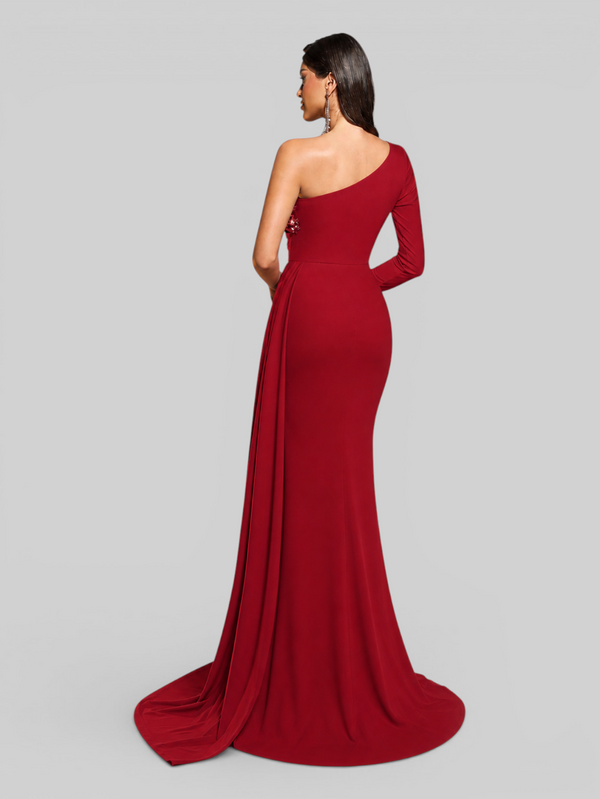 Vestido de Festa Longo Manga Única Bordado Cauda Dupla Saverin