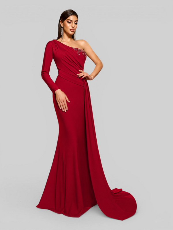 Vestido de Festa Longo Manga Única Bordado Cauda Dupla Saverin
