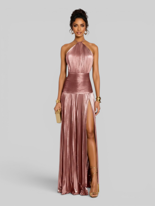 Vestido de Festa Longo Metalizado Plissado com Fenda Juliette