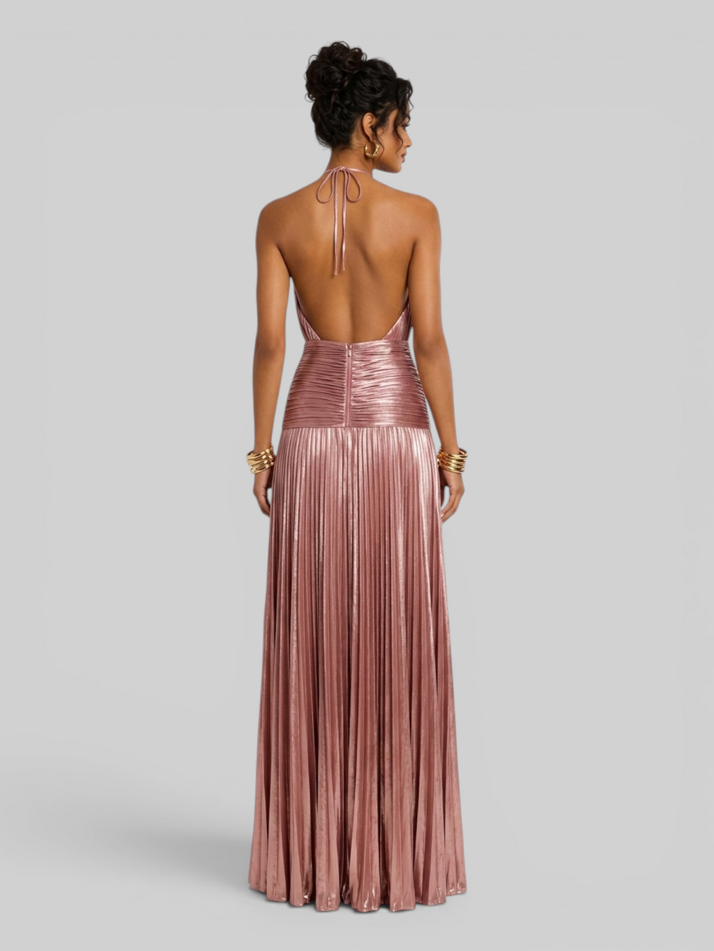 Vestido de Festa Longo Metalizado Plissado com Fenda Juliette