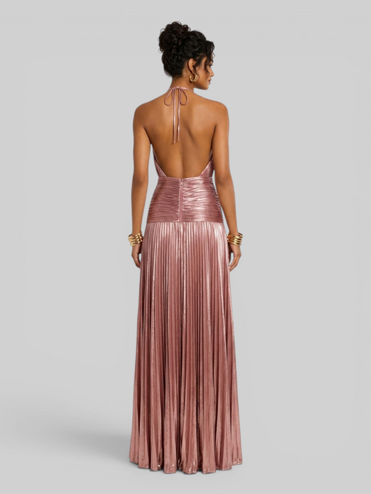 Vestido de Festa Longo Metalizado Plissado com Fenda Juliette
