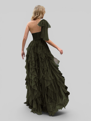 Vestido de Festa Longo Nula Manga Cascata com fenda Berlim