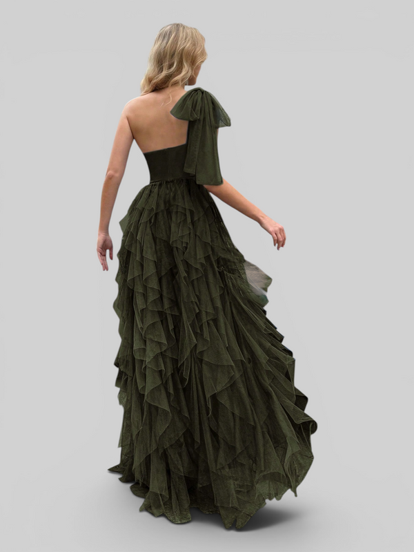 Vestido de Festa Longo Nula Manga Cascata com fenda Berlim