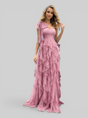 Vestido de Festa Longo Nula Manga Cascata com fenda Berlim
