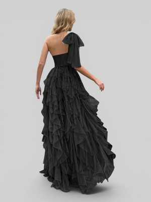 Vestido de Festa Longo Nula Manga Cascata com fenda Berlim