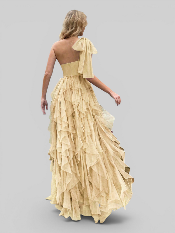 Vestido de Festa Longo Nula Manga Cascata com fenda Berlim