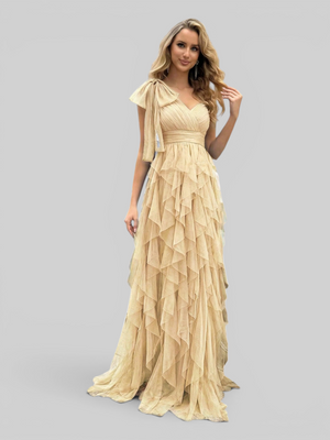 Vestido de Festa Longo Nula Manga Cascata com fenda Berlim