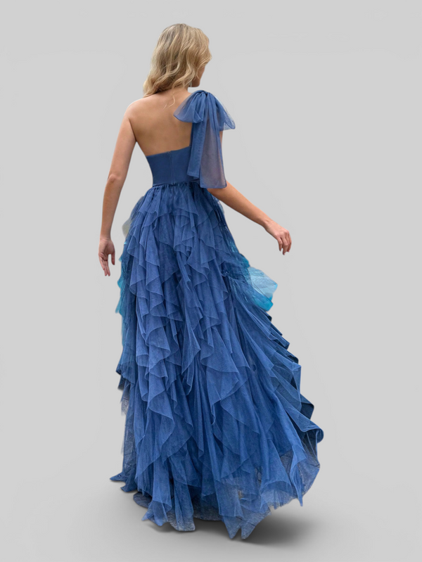 Vestido de Festa Longo Nula Manga Cascata com fenda Berlim