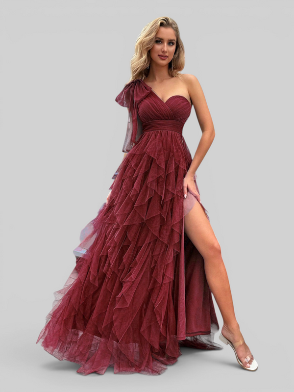Vestido de Festa Longo Nula Manga Cascata com fenda Berlim
