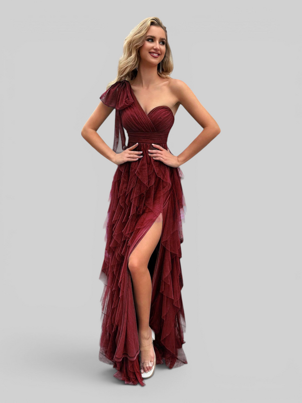 Vestido de Festa Longo Nula Manga Cascata com fenda Berlim