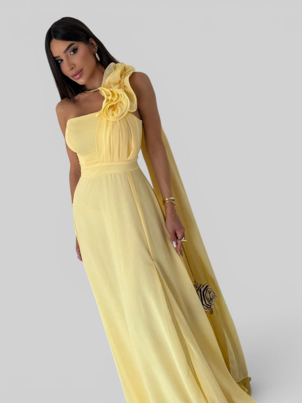 Vestido de Festa Longo Nula Manga Flowers com Capa Polly