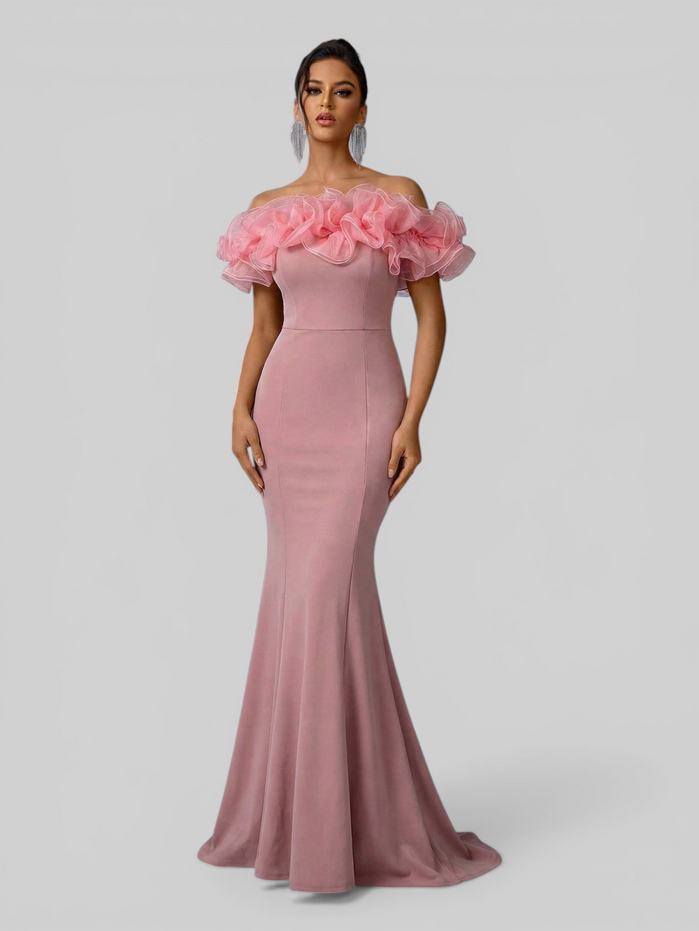Vestido de Festa Longo Ombro a Ombro Flores Iris