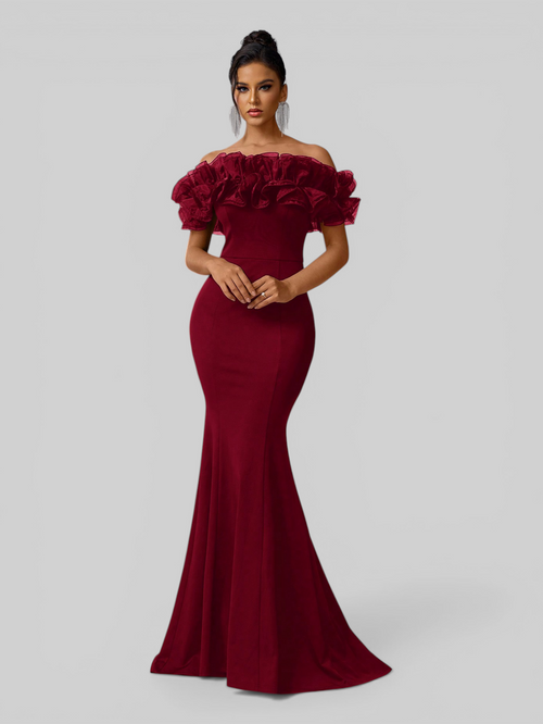 Vestido de Festa Longo Ombro a Ombro Flores Iris