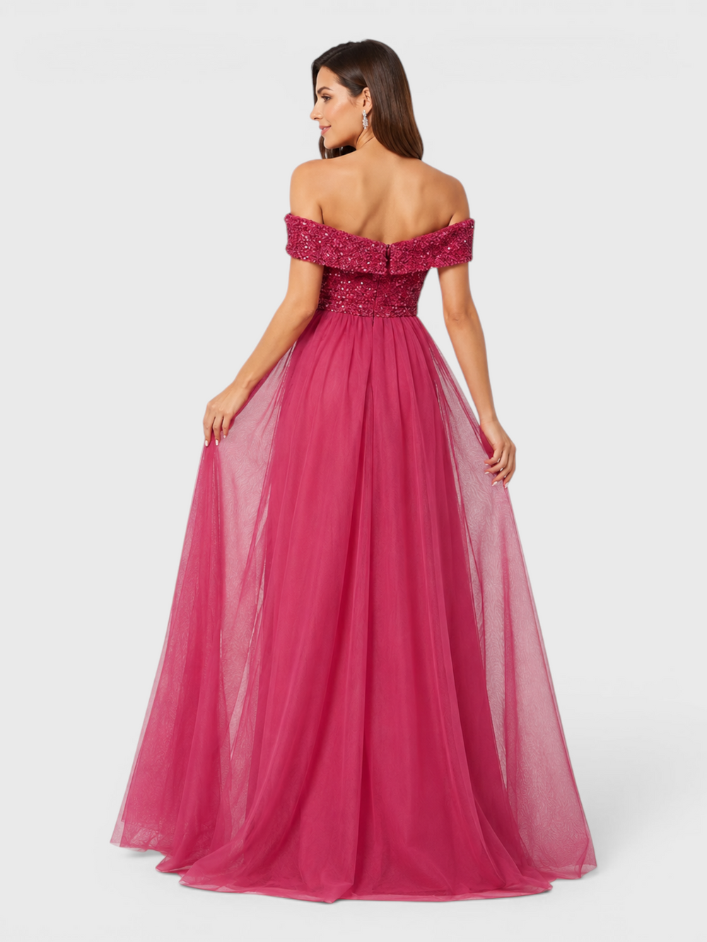 Vestido de Festa Longo Ombro a Ombro Tule Paetê Milla