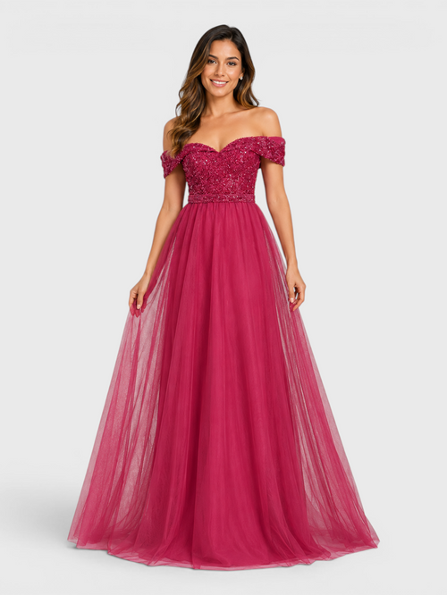 Vestido de Festa Longo Ombro a Ombro Tule Paetê Milla