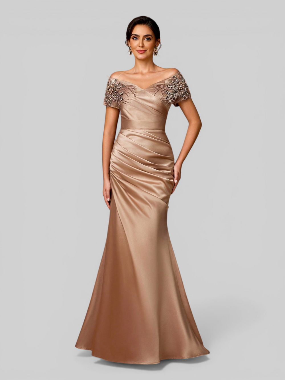 Vestido de Festa Longo Ombro a Ombro com Apliques Pérolas