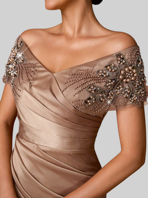 Vestido de Festa Longo Ombro a Ombro com Apliques Pérolas
