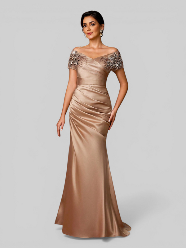 Vestido de Festa Longo Ombro a Ombro com Apliques Pérolas