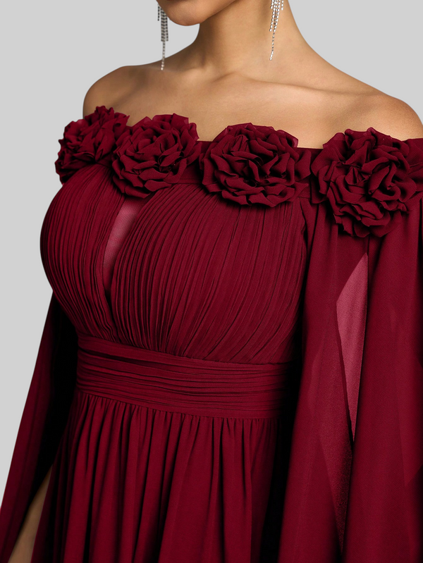 Vestido de Festa Longo Ombro a Ombro com Capa dupla Aurora Flowers