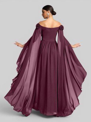 Vestido de Festa Longo Ombro a Ombro com Capa dupla Aurora Flowers