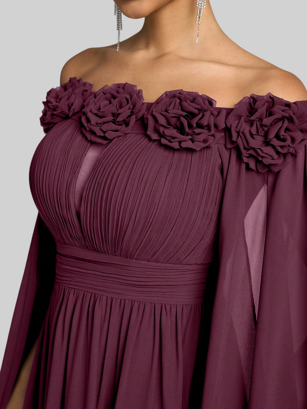 Vestido de Festa Longo Ombro a Ombro com Capa dupla Aurora Flowers