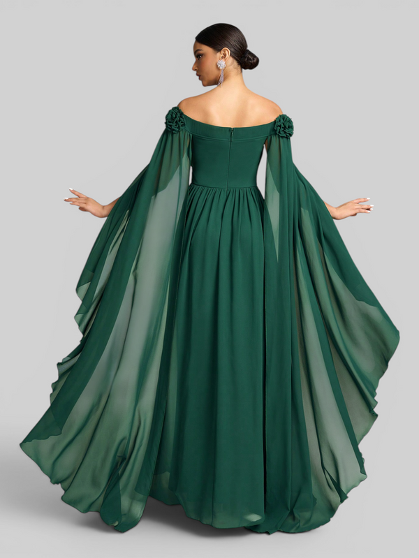 Vestido de Festa Longo Ombro a Ombro com Capa dupla Aurora Flowers