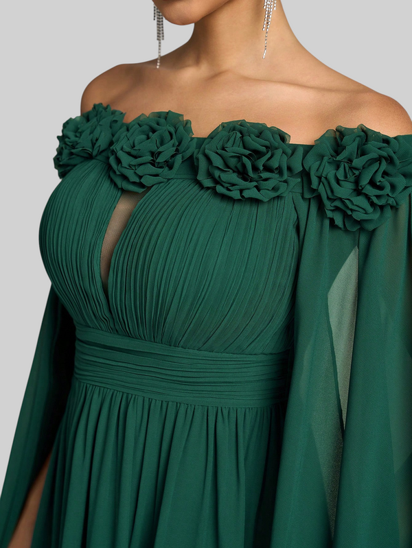 Vestido de Festa Longo Ombro a Ombro com Capa dupla Aurora Flowers