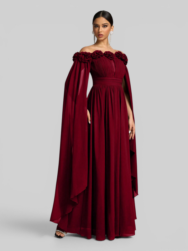 Vestido de Festa Longo Ombro a Ombro com Capa dupla Aurora Flowers