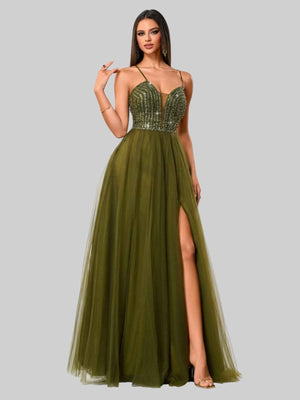 Vestido de Festa Longo Paetê Dubai Oliva