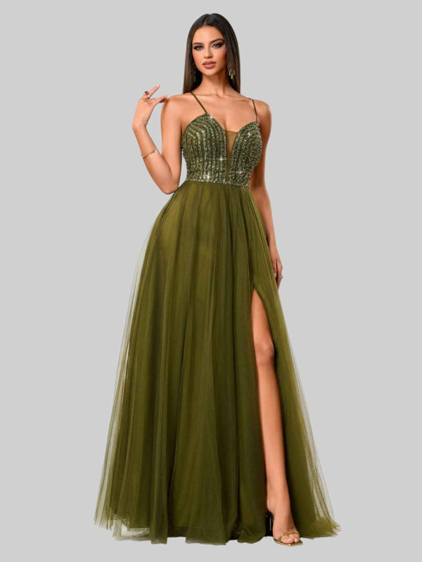Vestido de Festa Longo Paetê Dubai Oliva
