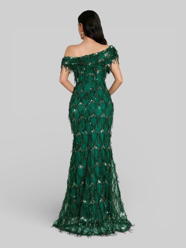 Vestido de Festa Longo Paetê com Franjas Ombro a Ombro Santorini
