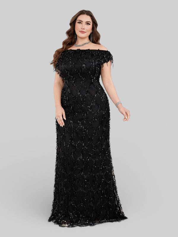 Vestido de Festa Longo Paetê com Franjas Ombro a Ombro Santorini