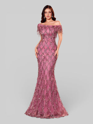 Vestido de Festa Longo Paetê com Franjas Ombro a Ombro Santorini