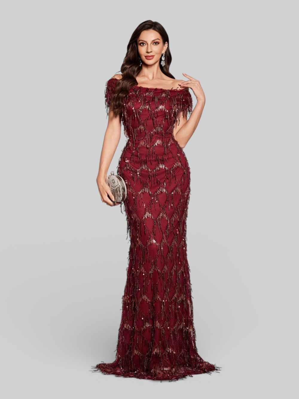 Vestido de Festa Longo Paetê com Franjas Ombro a Ombro Santorini