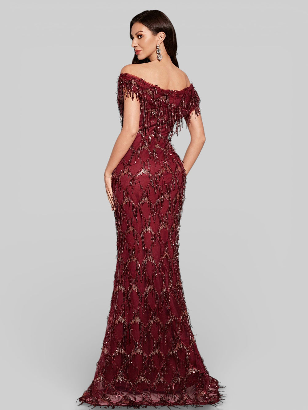 Vestido de Festa Longo Paetê com Franjas Ombro a Ombro Santorini