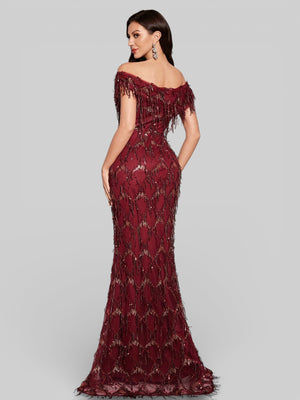 Vestido de Festa Longo Paetê com Franjas Ombro a Ombro Santorini
