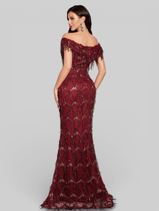 Vestido de Festa Longo Paetê com Franjas Ombro a Ombro Santorini