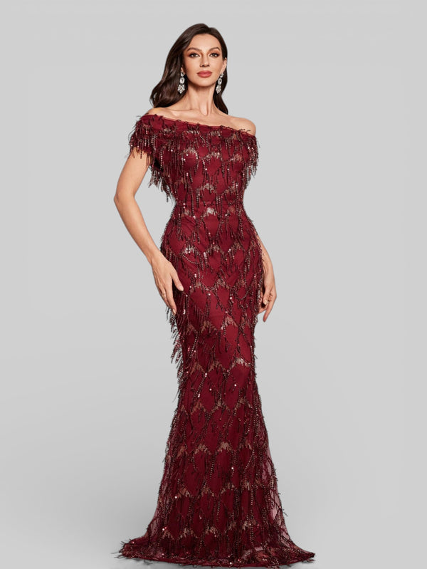 Vestido de Festa Longo Paetê com Franjas Ombro a Ombro Santorini