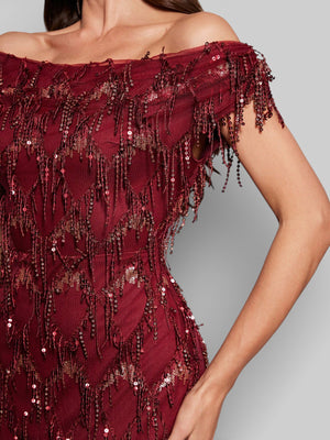Vestido de Festa Longo Paetê com Franjas Ombro a Ombro Santorini