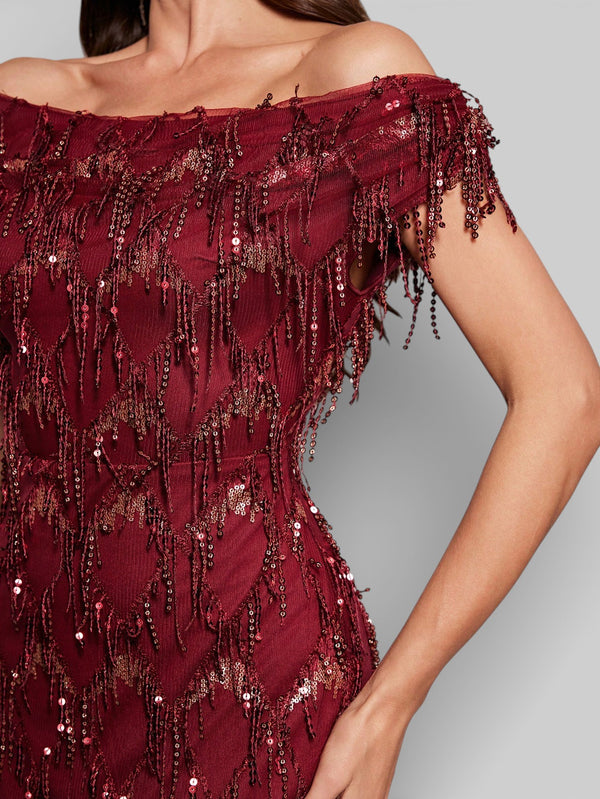 Vestido de Festa Longo Paetê com Franjas Ombro a Ombro Santorini