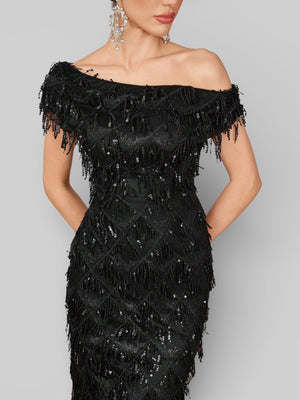Vestido de Festa Longo Paetê com Franjas Ombro a Ombro Santorini