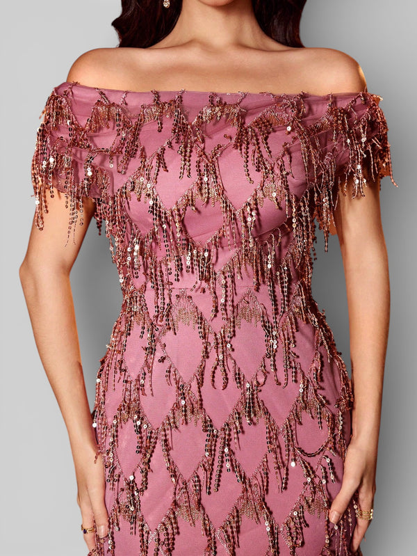 Vestido de Festa Longo Paetê com Franjas Ombro a Ombro Santorini